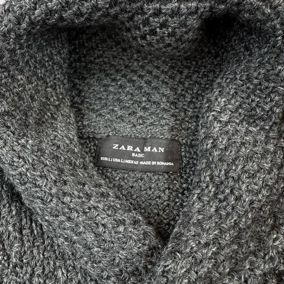 Zara Man Wool Blend Cable Knit Sweater Men's Size Large Shawl Collar Charcoal - Picture 3 of 8